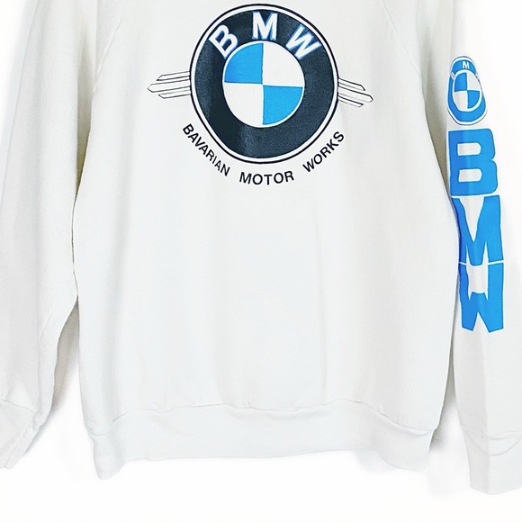 Vtg 80s 90s BMW Bavarian Motor Works Logo Fruit of the Loom White Sweatshirt L - Picture 4 of 12